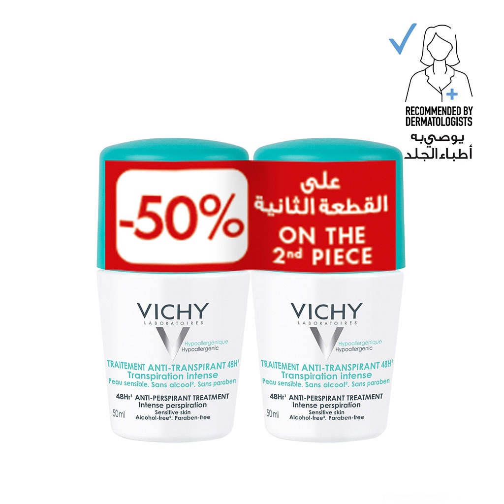 Vichy 48 Hours Anti-Perspirant Deodorant Roll-On Intensive Treatment 50ml, Buy 1 Get 50% Off On 2nd Piece, Promo Pack 