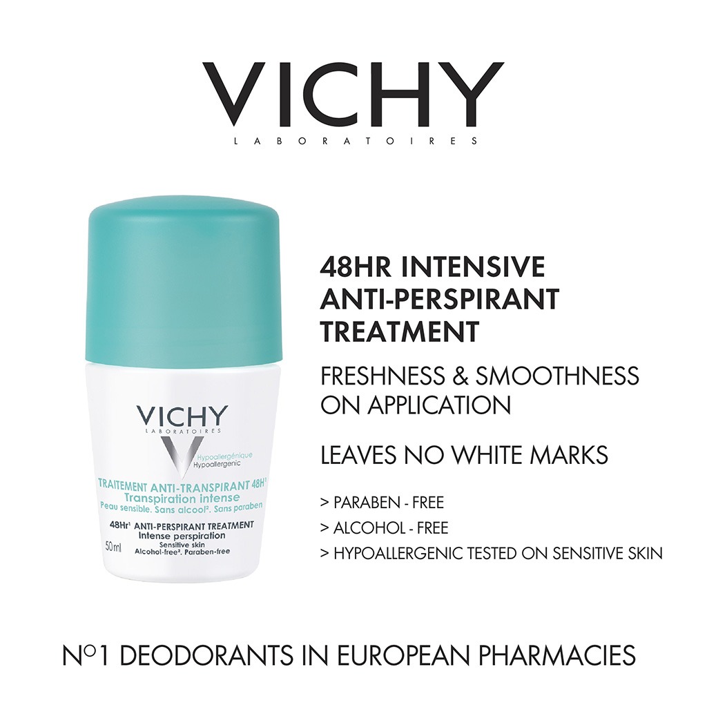 Vichy 48 Hours Anti-Perspirant Deodorant Roll-On Intensive Treatment 50ml, Buy 1 Get 50% Off On 2nd Piece, Promo Pack 