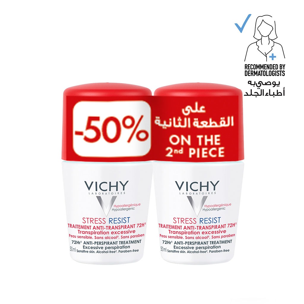 Vichy 72 Hours Stress Resist Anti-Perspirant Deodorant Roll-On For Excessive Perspiration 50ml, Buy 1 Get 50% Off On 2nd Piece, Promo Pack 