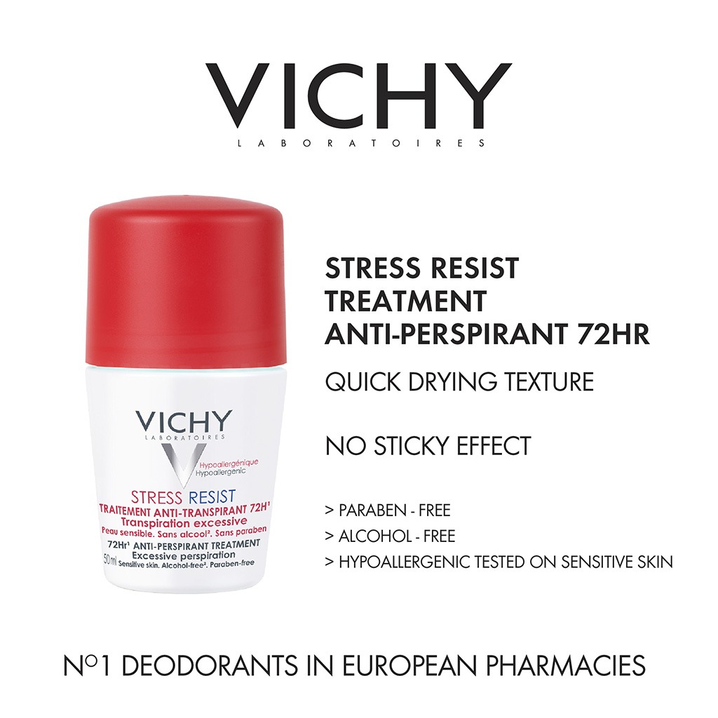 Vichy 72 Hours Stress Resist Anti-Perspirant Deodorant Roll-On For Excessive Perspiration 50ml, Buy 1 Get 50% Off On 2nd Piece, Promo Pack 