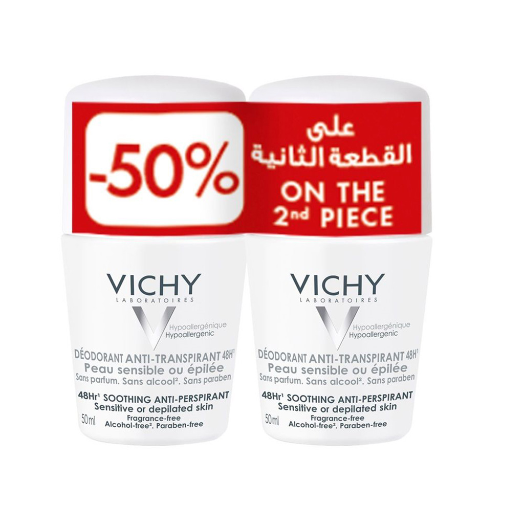Vichy 48 Hours Soothing Anti Perspirant Deodorant Roll-On For Sensitive Skin 50ml, Buy 1 Get 50% Off On 2nd Piece, Promo Pack 