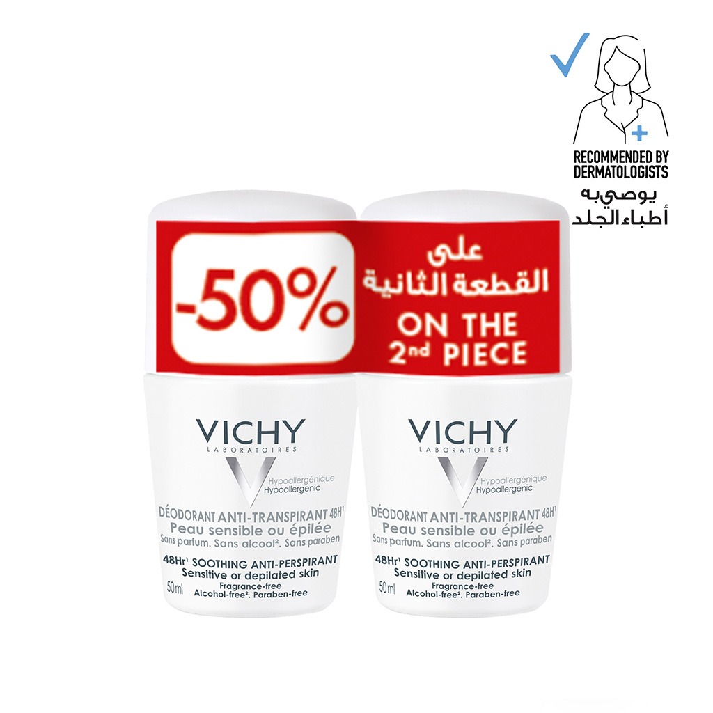 Vichy 48 Hours Soothing Anti Perspirant Deodorant Roll-On For Sensitive Skin 50ml, Buy 1 Get 50% Off On 2nd Piece, Promo Pack 