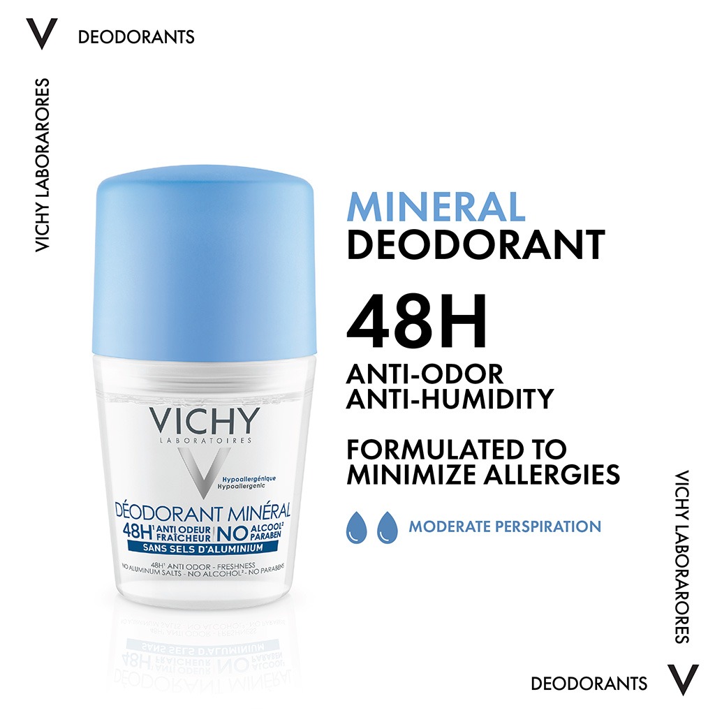 Vichy 48 Hours Anti-Odour Aluminum Free Mineral Deodorant Roll-On 50ml, Buy 1 Get 50% Off On 2nd Piece, Promo Pack