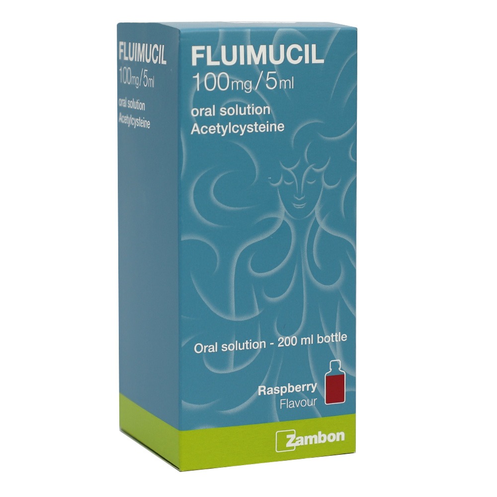 Fluimucil 100 mg/5 ml Oral Solution Raspberry Flavor 200 mL