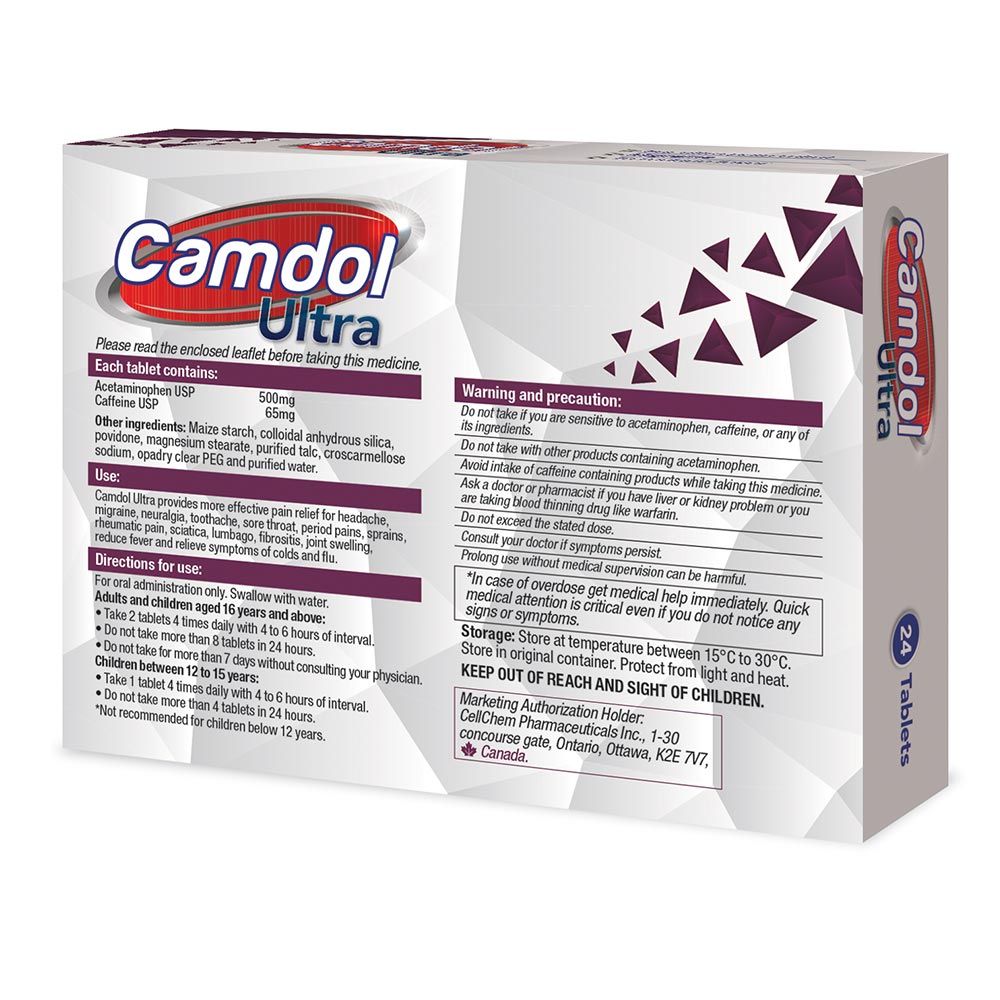 Camdol Ultra Paracetamol 500mg and Caffiene 65mg Pain Relief Tablets, Pack of 24's