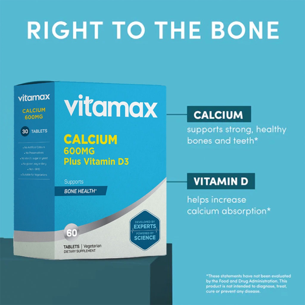 Vitamax Calcium 600 mg + Vitamin D3 400IU Tablets For Bone Health, Pack of 60's