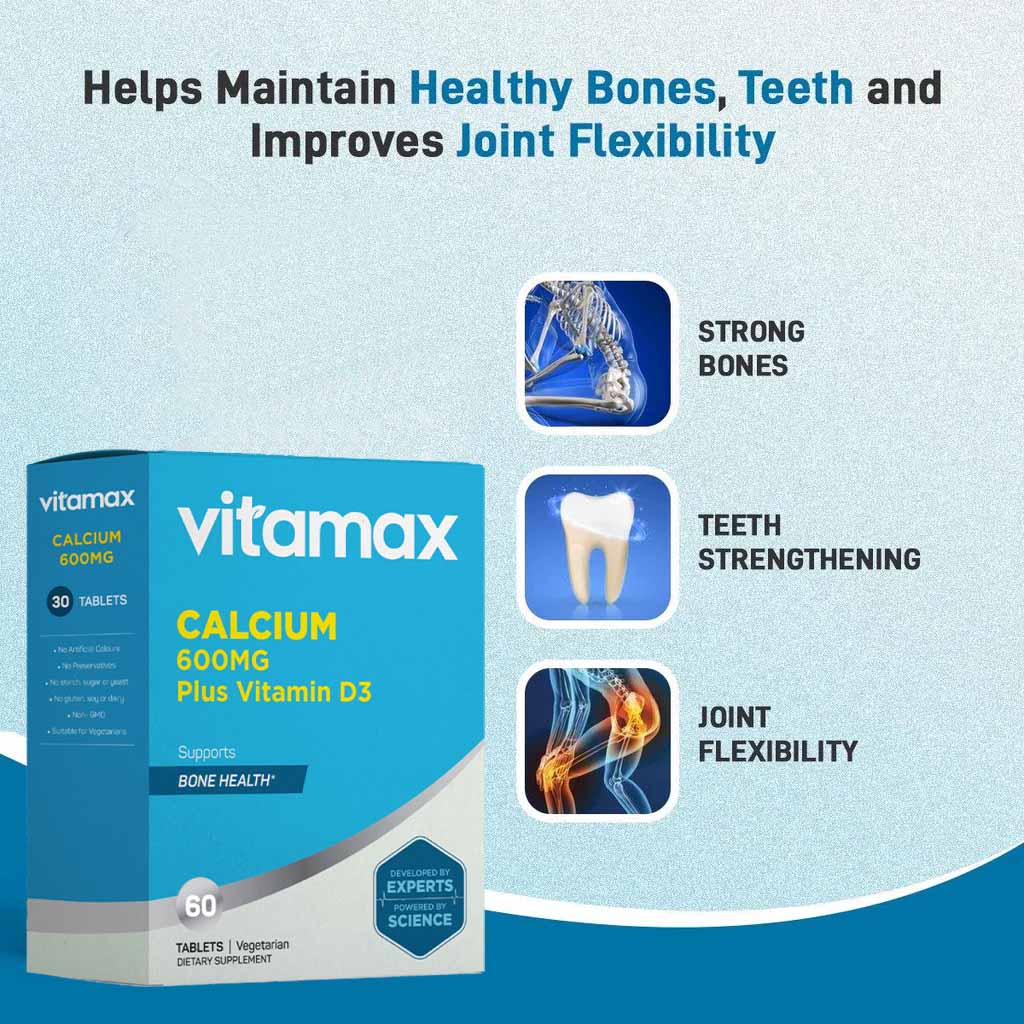 Vitamax Calcium 600 mg + Vitamin D3 400IU Tablets For Bone Health, Pack of 60's