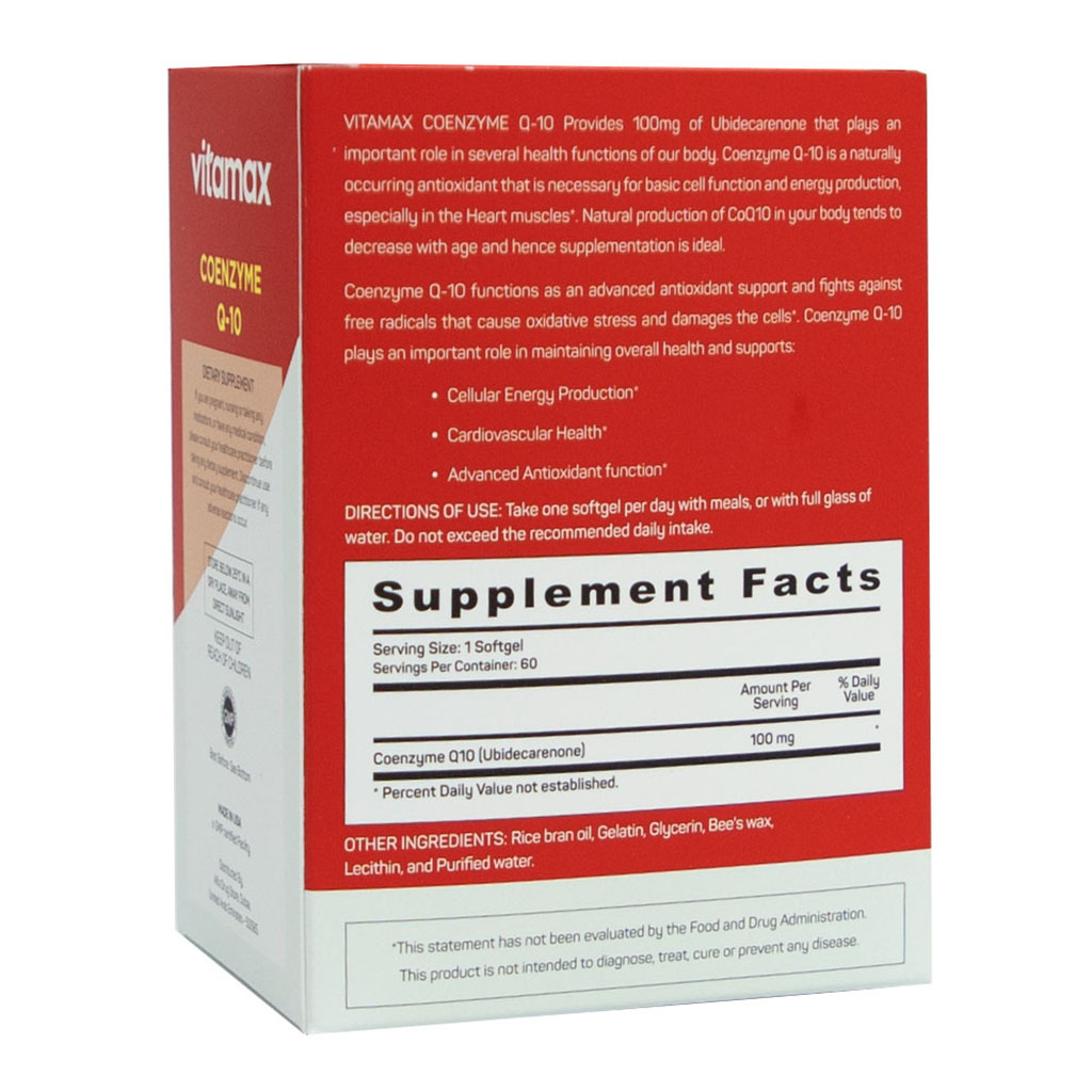 Vitamax Coenzyme Q10 100 mg Softgels For Heart & Antioxidant Support, Pack of 60's