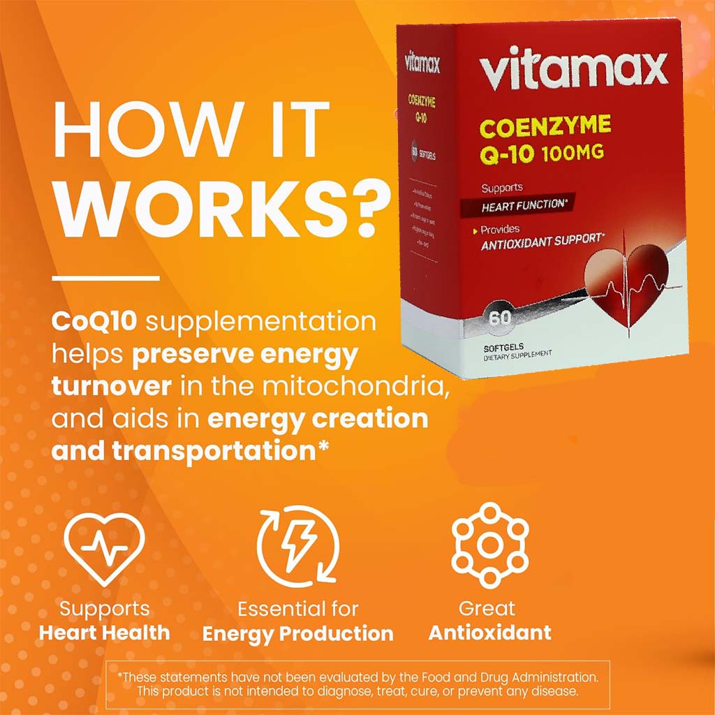 Vitamax Coenzyme Q10 100 mg Softgels For Heart & Antioxidant Support, Pack of 60's