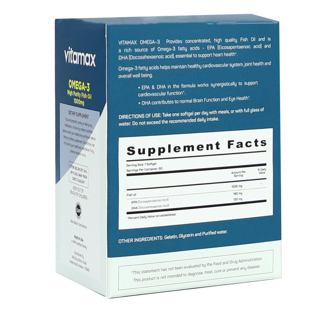 Vitamax Omega 3 1000mg Fish Oil Supplement Softgels, Pack of 60's