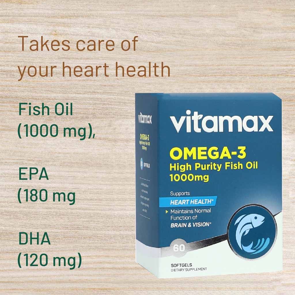 Vitamax Omega 3 1000mg Fish Oil Supplement Softgels, Pack of 60's