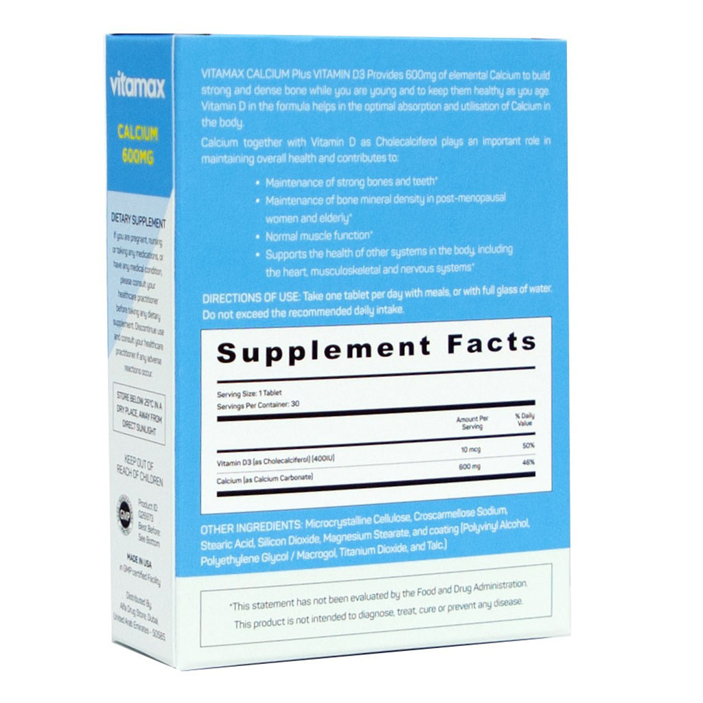 Vitamax Calcium 600 mg + Vitamin D3 400IU Tablets For Bone Health, Pack of 30's