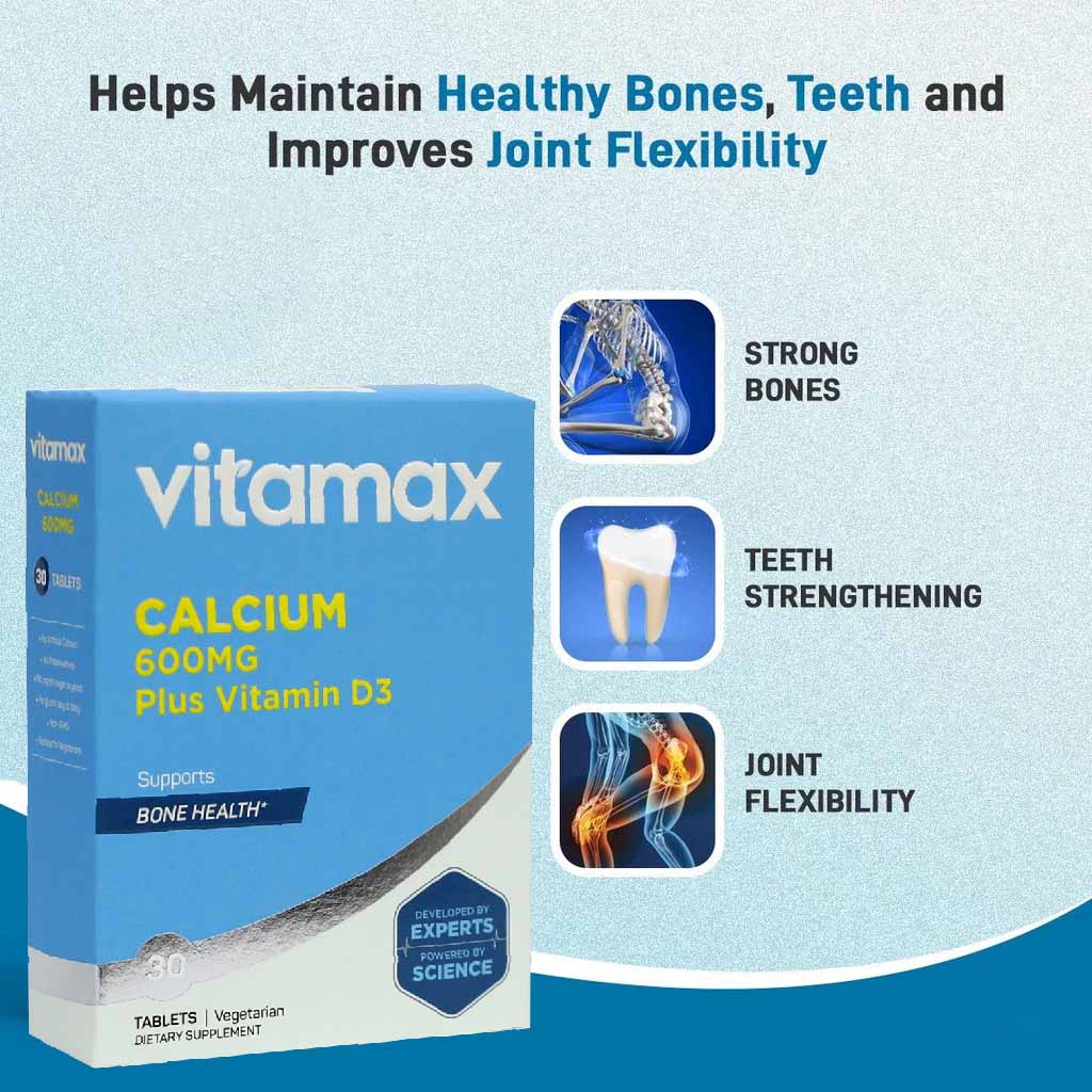Vitamax Calcium 600 mg + Vitamin D3 400IU Tablets For Bone Health, Pack of 30's