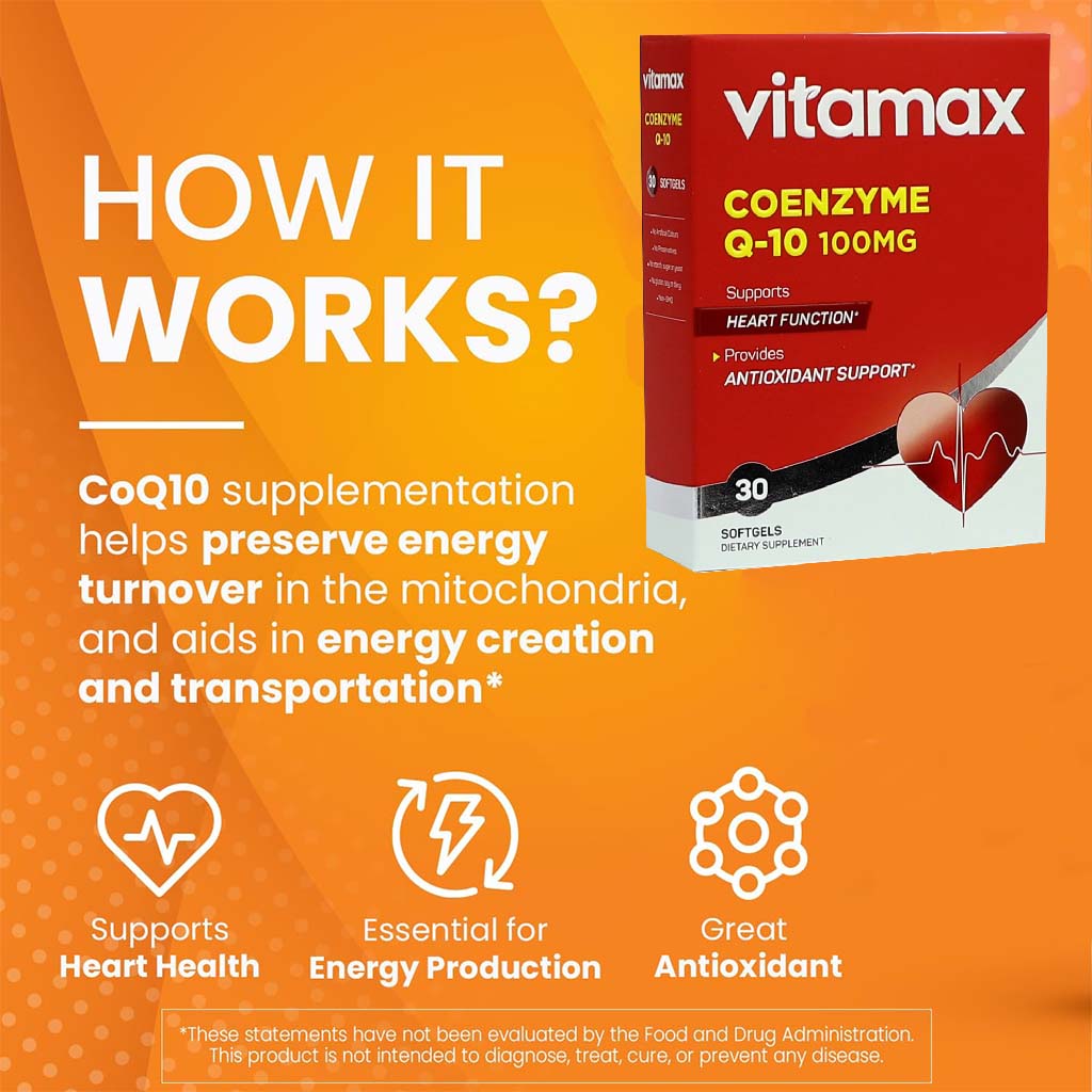 Vitamax Coenzyme Q10 100 mg Softgels For Heart & Antioxidant Support, Pack of 30's