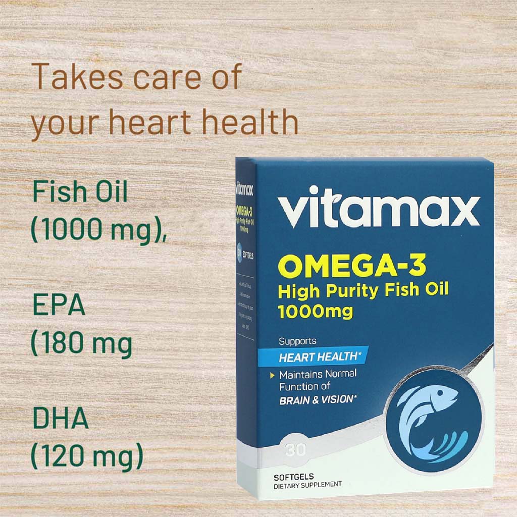Vitamax Omega 3 1000mg Fish Oil Supplement Softgels, Pack of 30's