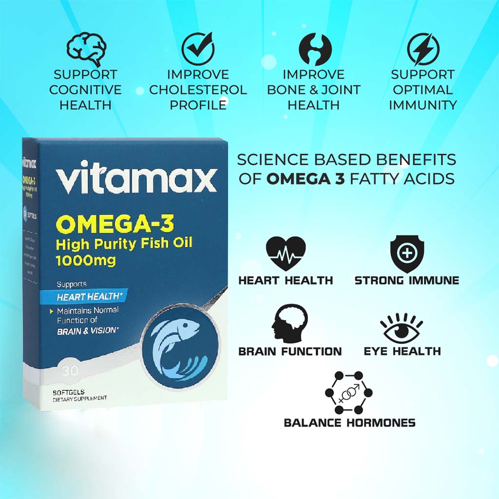 Vitamax Omega 3 1000mg Fish Oil Supplement Softgels, Pack of 30's