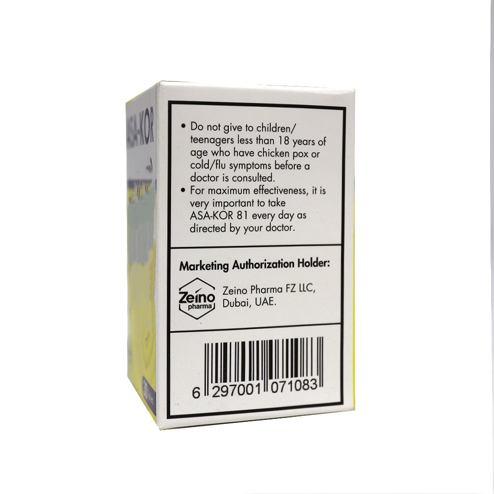 Zeino Pharma Asa-Kor Aspirin 81 mg Enteric Coated Tablets 30's