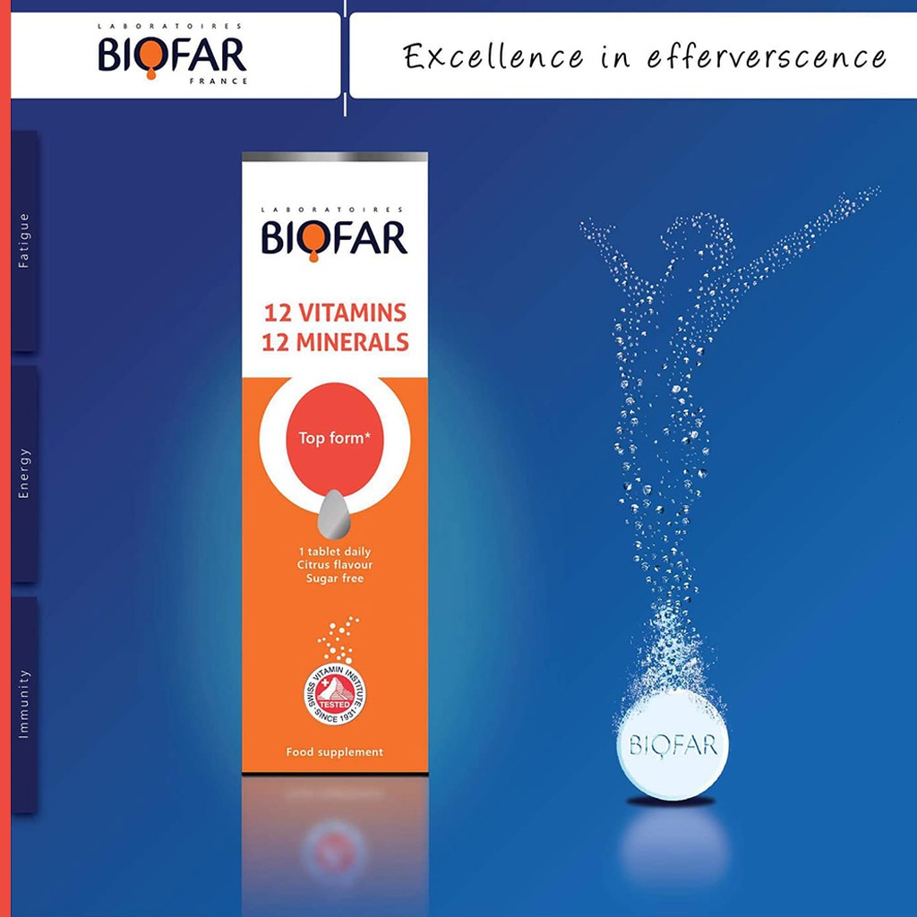 Biofar Vital 12 Vitamins & 12 Minerals Sugar Free Effervescent Tablets, Citrus Flavor, Pack of 20's