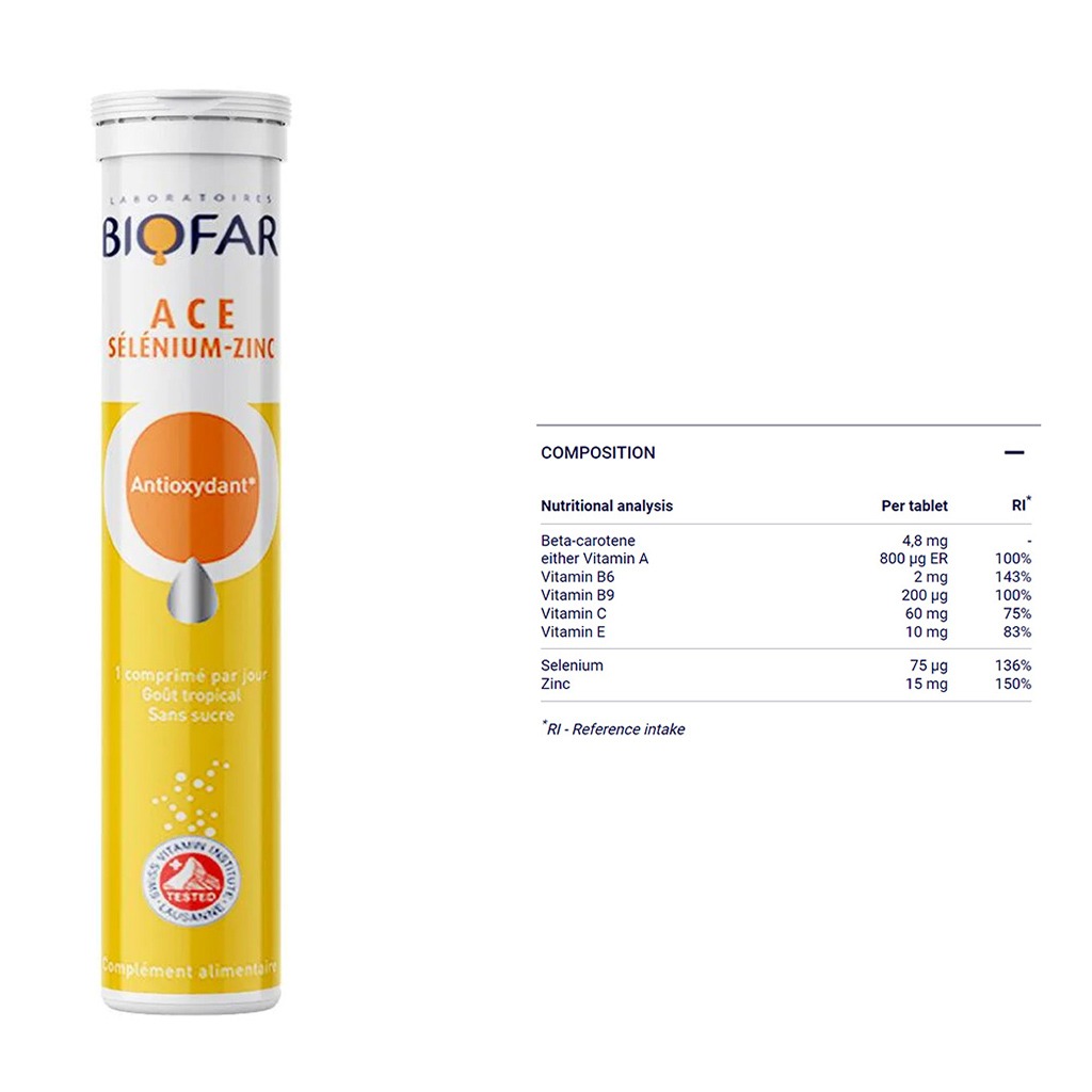 Biofar Vital ACE Selenium-Zinc Antioxidant Effervescent Tablets, Tropical Flavor, Pack of 20's