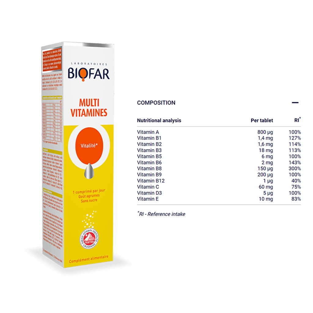 Biofar Vital Multivitamins Vitality Effervescent Tablets, Citrus Flavor, Pack of 20's