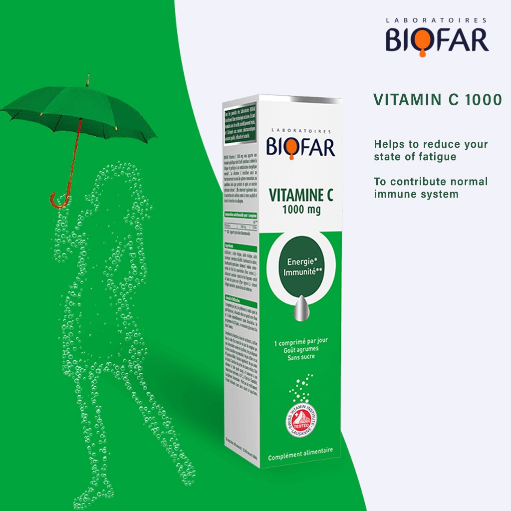 Biofar Vital Vitamin C 1000mg Effervescent Tablets For energy and Immunity, Citrus Flavor, Pack of 20's