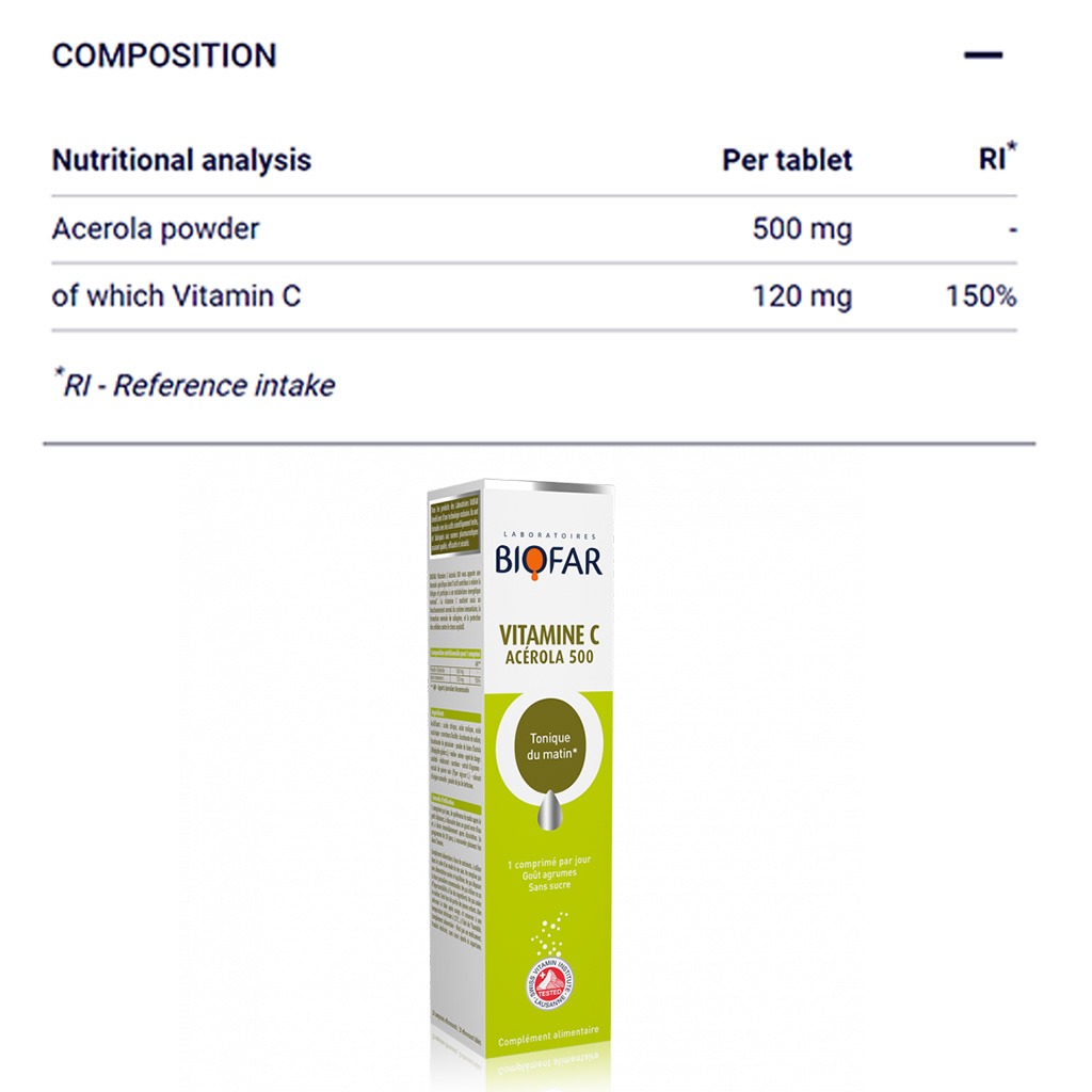 Biofar Vital Vitamin C Acerola 500mg Morning Tonic Effervescent Tablets, Citrus Flavor, Pack of 20's