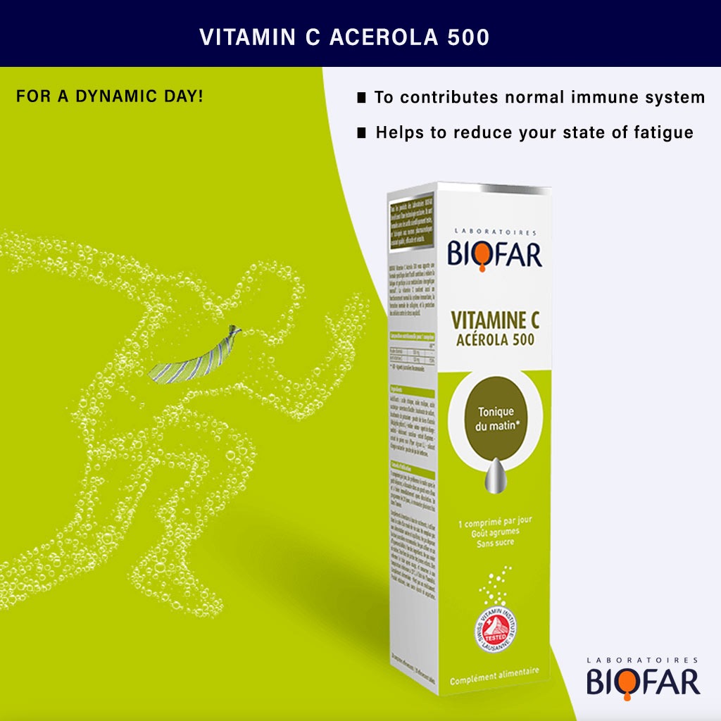 Biofar Vital Vitamin C Acerola 500mg Morning Tonic Effervescent Tablets, Citrus Flavor, Pack of 20's