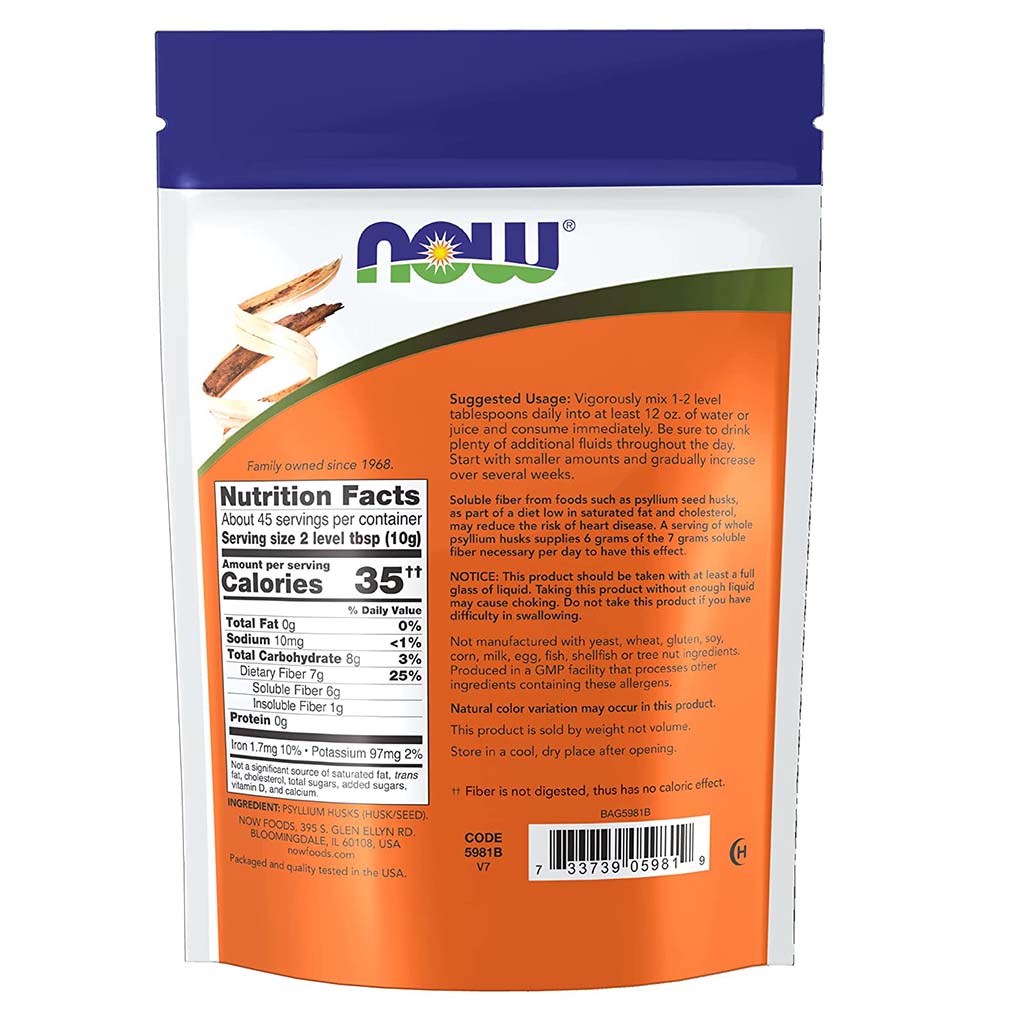 Now Whole Psyllium Husk Soluble Fiber Supplement Powder 454g