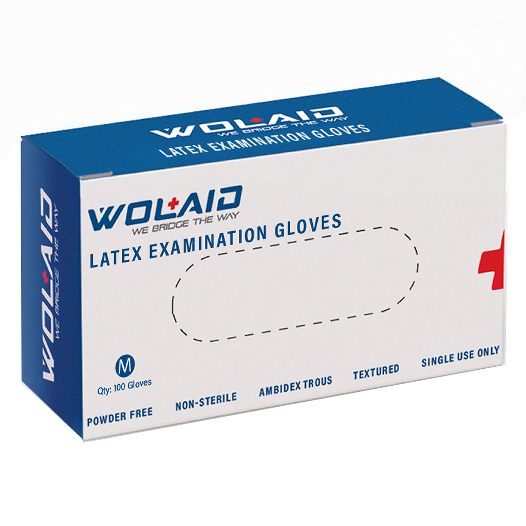 Wolaid Latex Examination Powder Free Hand Gloves Medium Size, Pack of 100’s