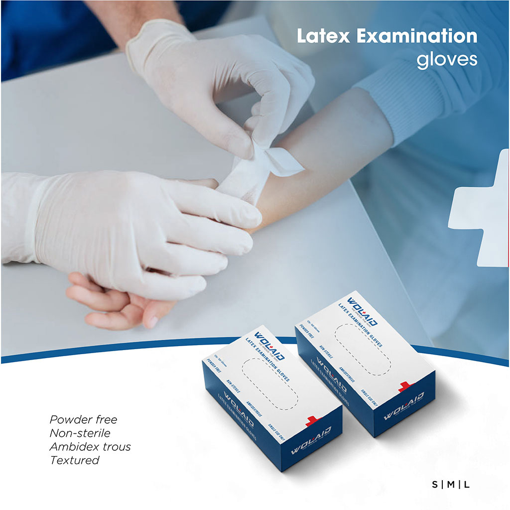 Wolaid Latex Examination Powder Free Hand Gloves Medium Size, Pack of 100’s