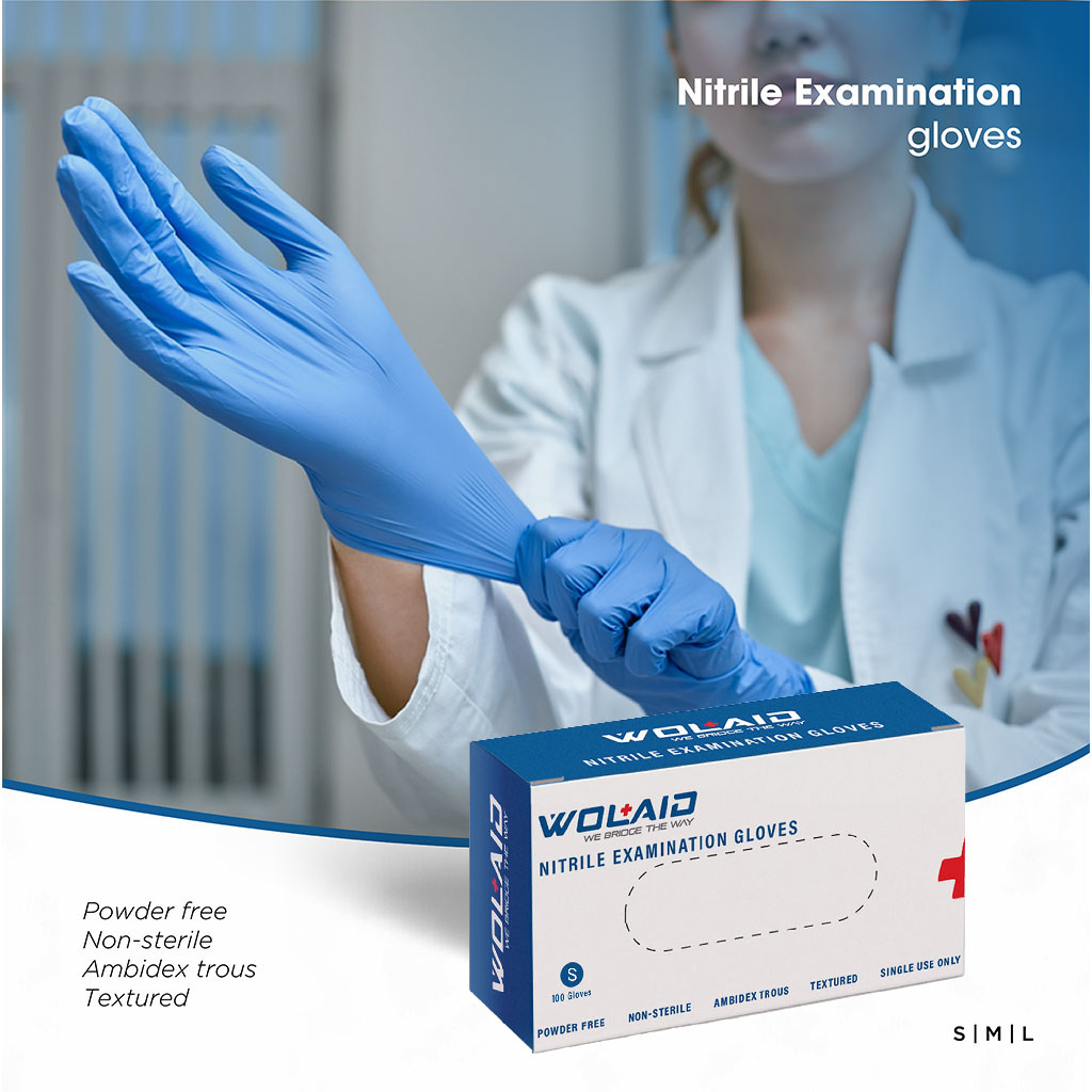 Wolaid Nitrile Examination Powder Free Hand Gloves Small Size, Pack of 100’s 