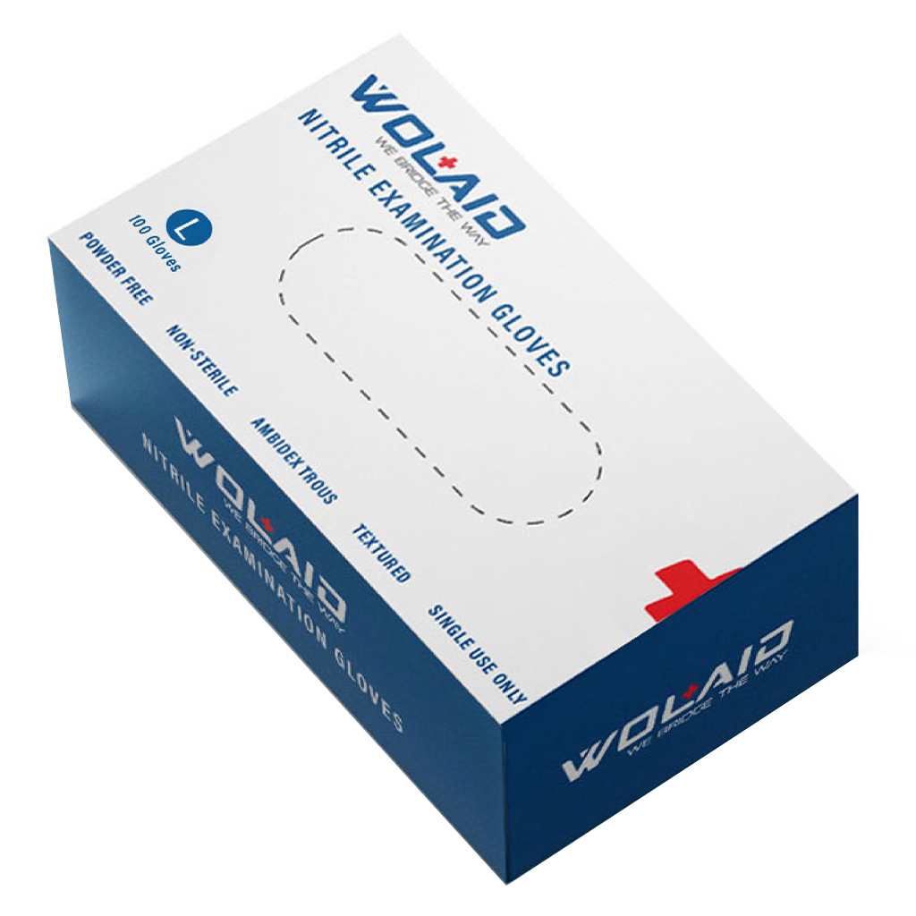 Wolaid Nitrile Examination Powder Free Hand Gloves Large Size, Pack of 100’s 