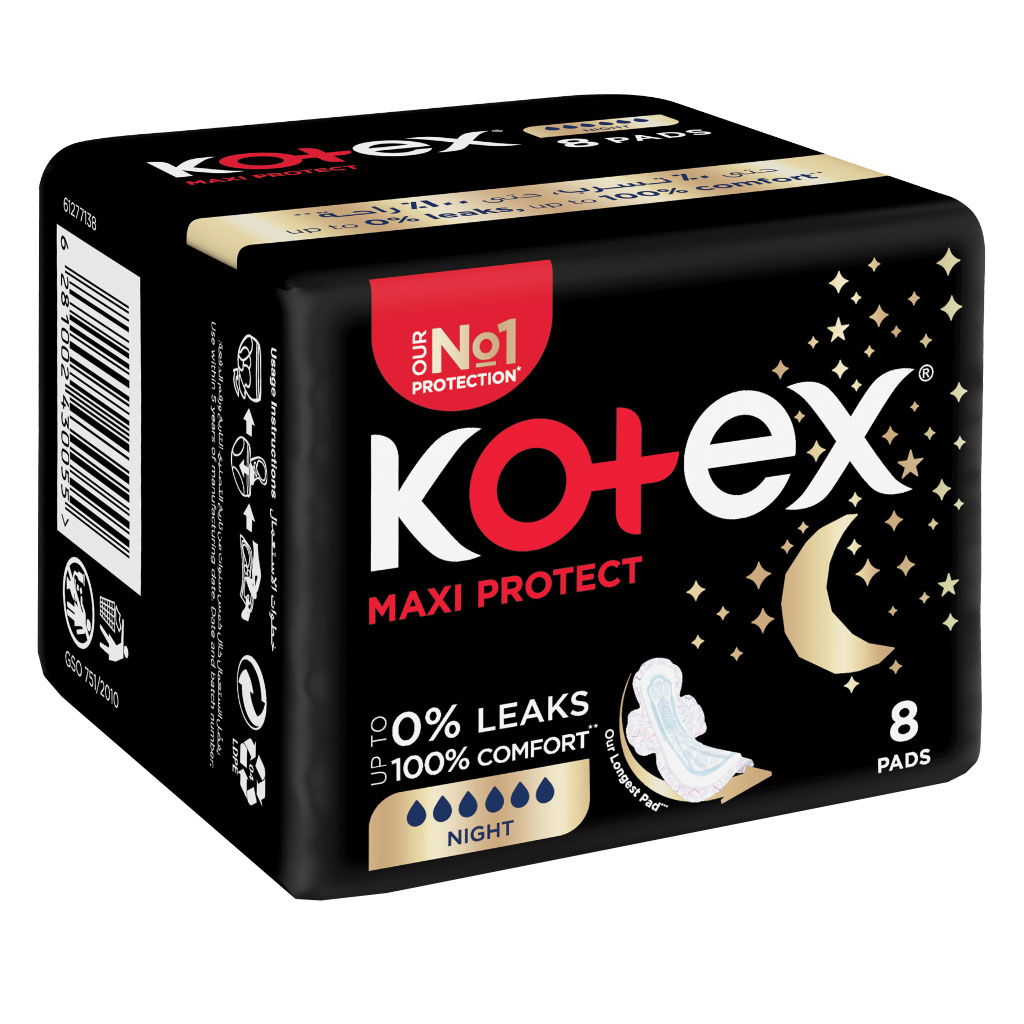 Kotex Maxi Protect Thick Sanitary Pads With Wings For Overnight Protection, Pack of 8's