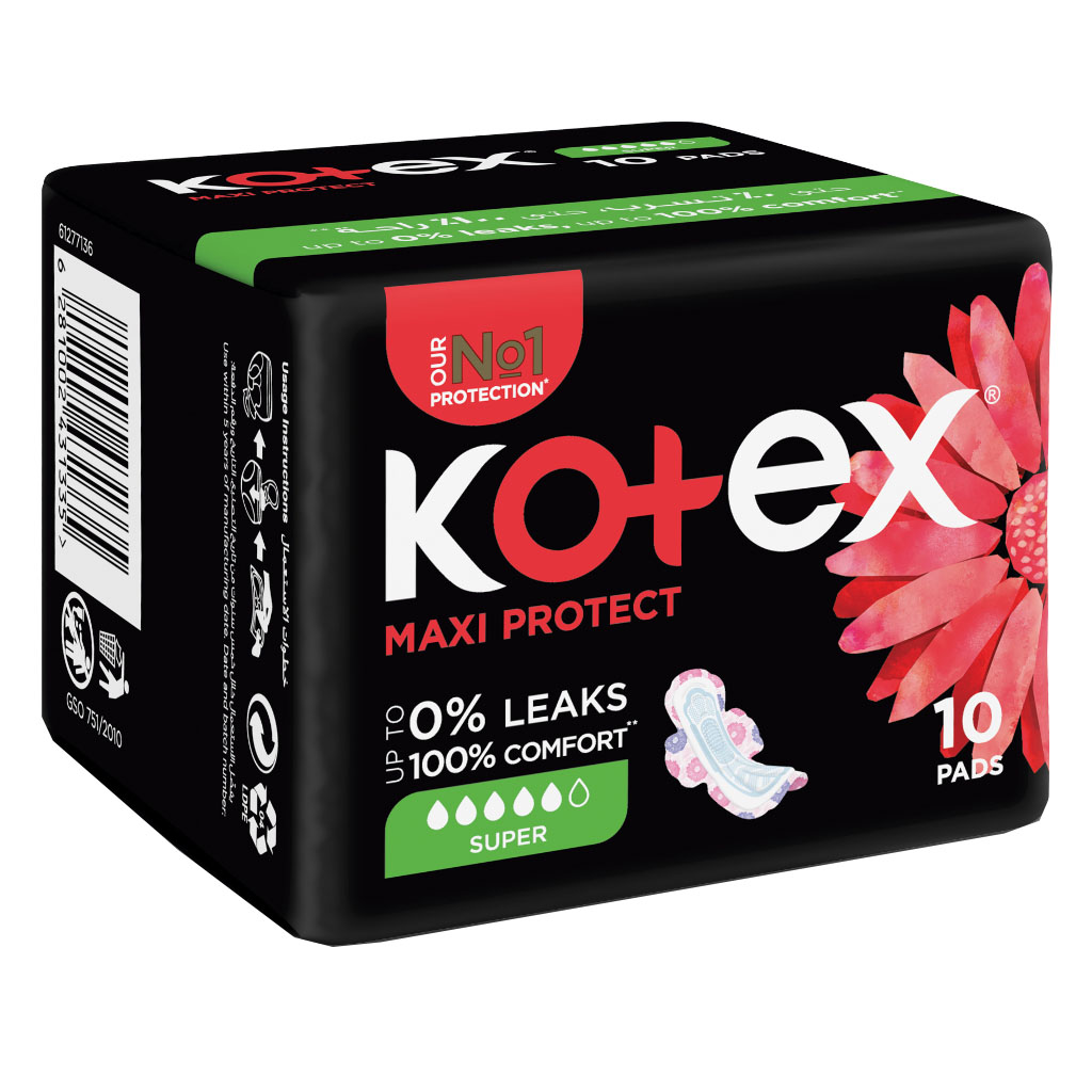 Kotex Maxi Protect Thick Pads With Wings, Super Size, Pack of 10's
