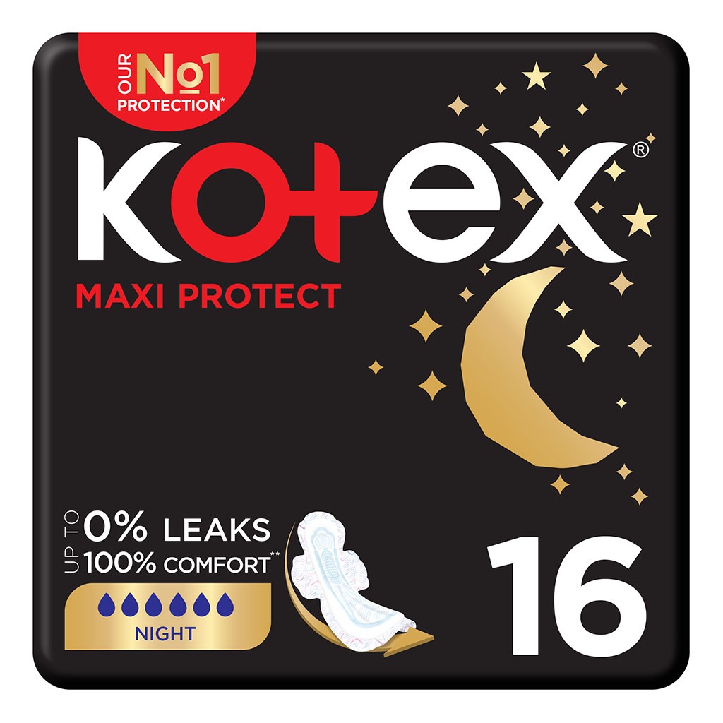 Kotex Maxi Protect Thick Sanitary Pads With Wings For Overnight Protection, Pack of 16's