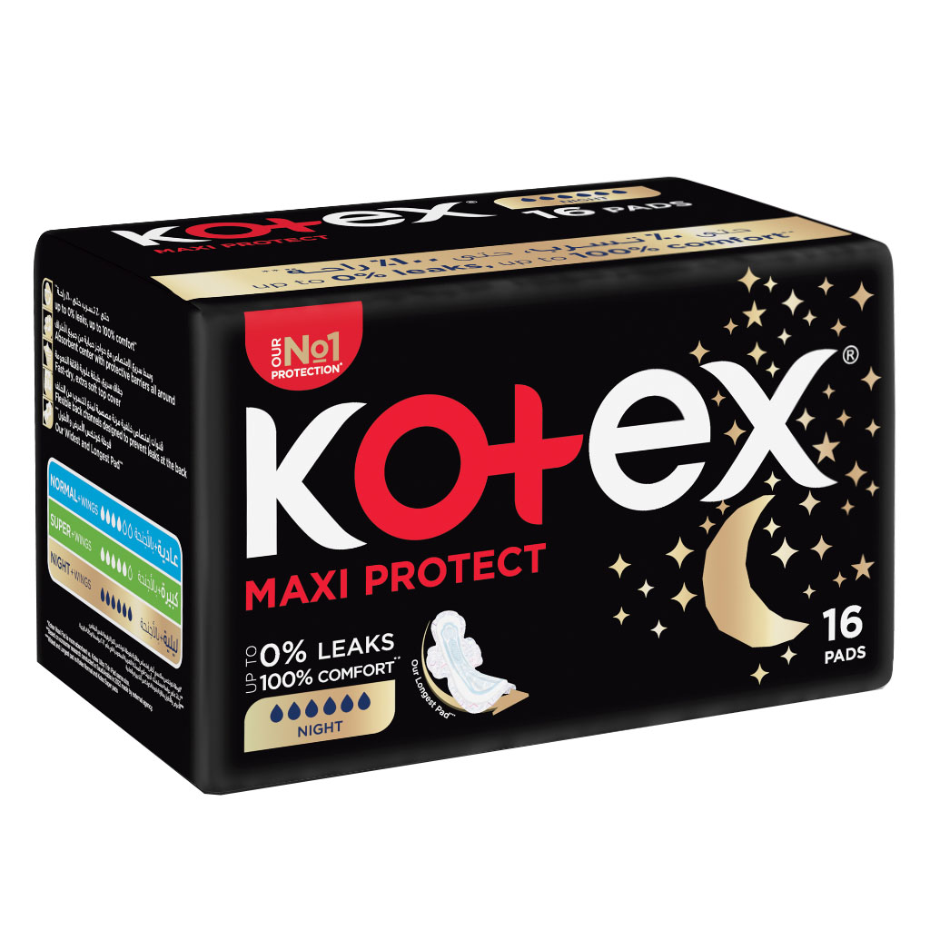 Kotex Maxi Protect Thick Sanitary Pads With Wings For Overnight Protection, Pack of 16's