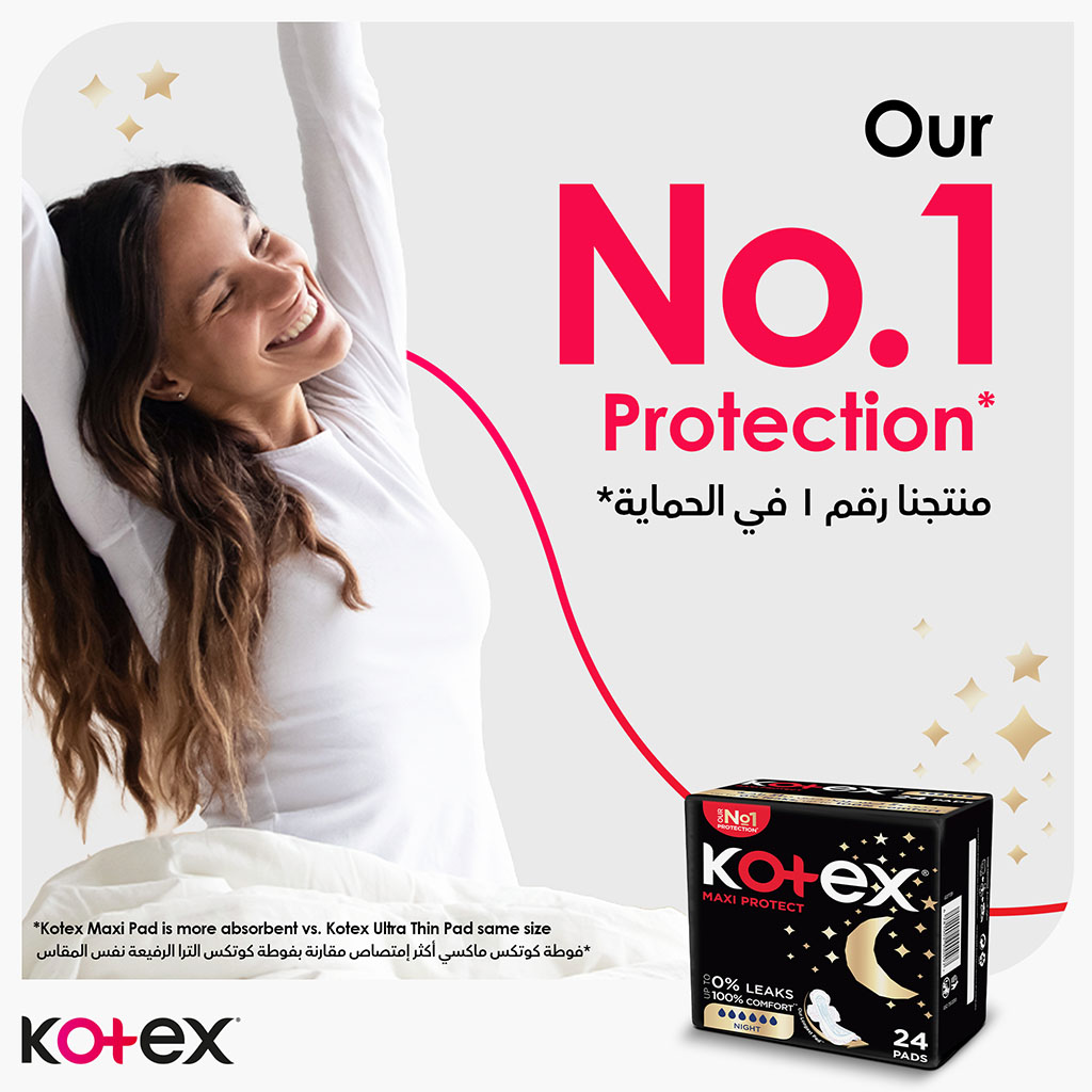 Kotex Maxi Protect Thick Sanitary Pads With Wings For Overnight Protection, Pack of 16's