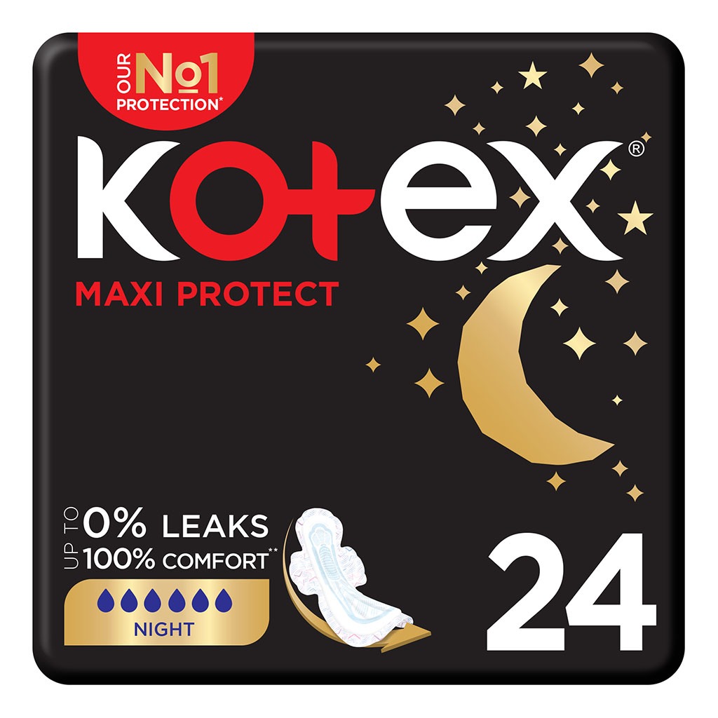 Kotex Maxi Protect Thick Sanitary Pads With Wings For Overnight Protection, Pack of 24's