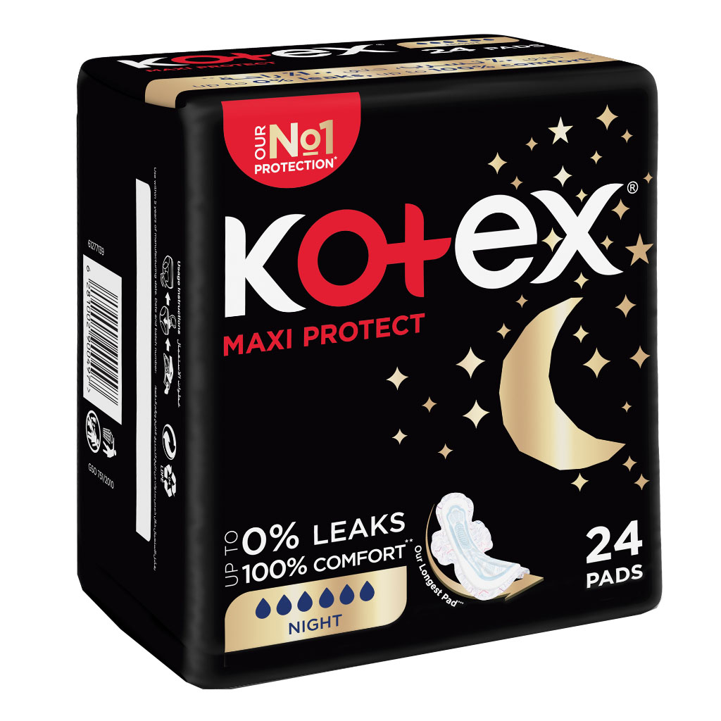 Kotex Maxi Protect Thick Sanitary Pads With Wings For Overnight Protection, Pack of 24's