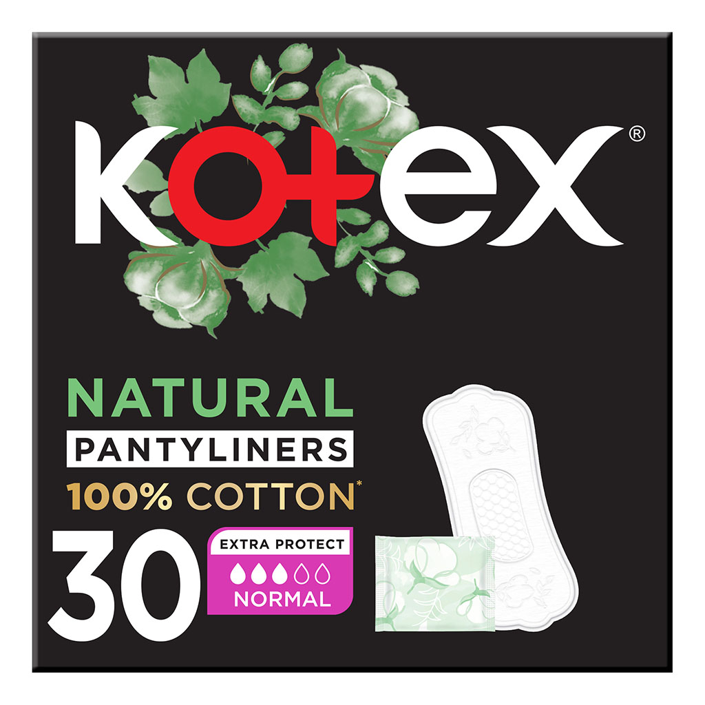 Kotex Natural Panty Liners Made Of 100% Cotton For Extra Protection, Normal Size, Pack of 30's