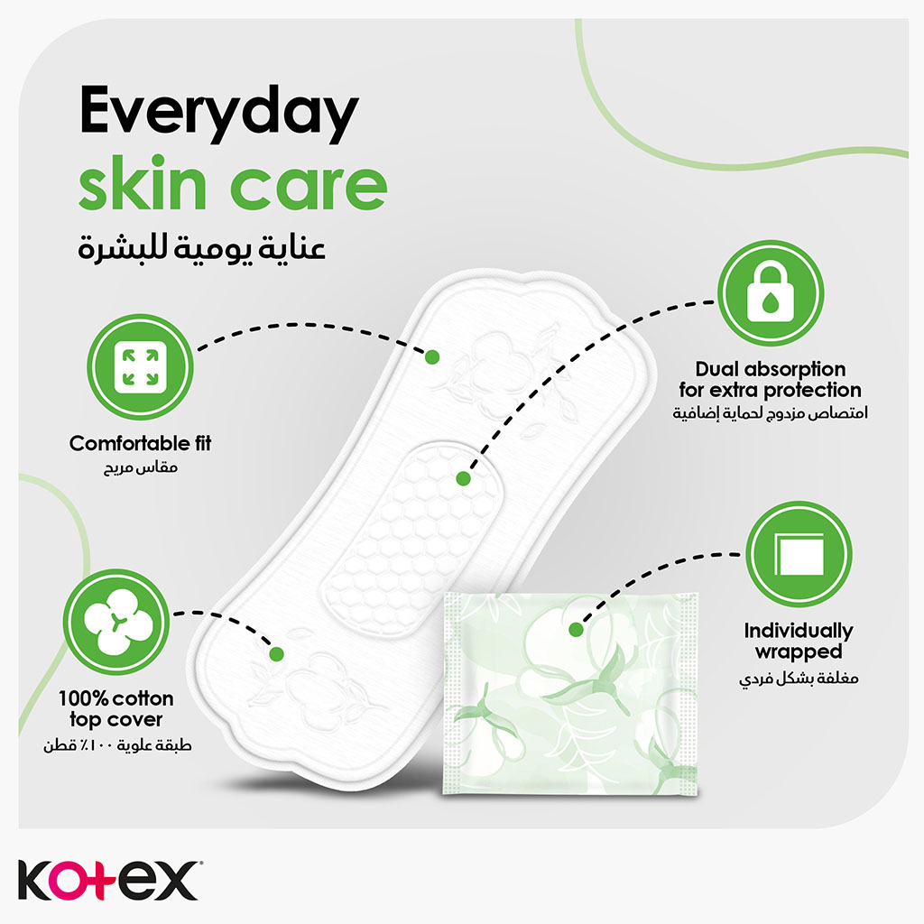 Kotex Natural Panty Liners Made Of 100% Cotton For Extra Protection, Normal Size, Pack of 30's