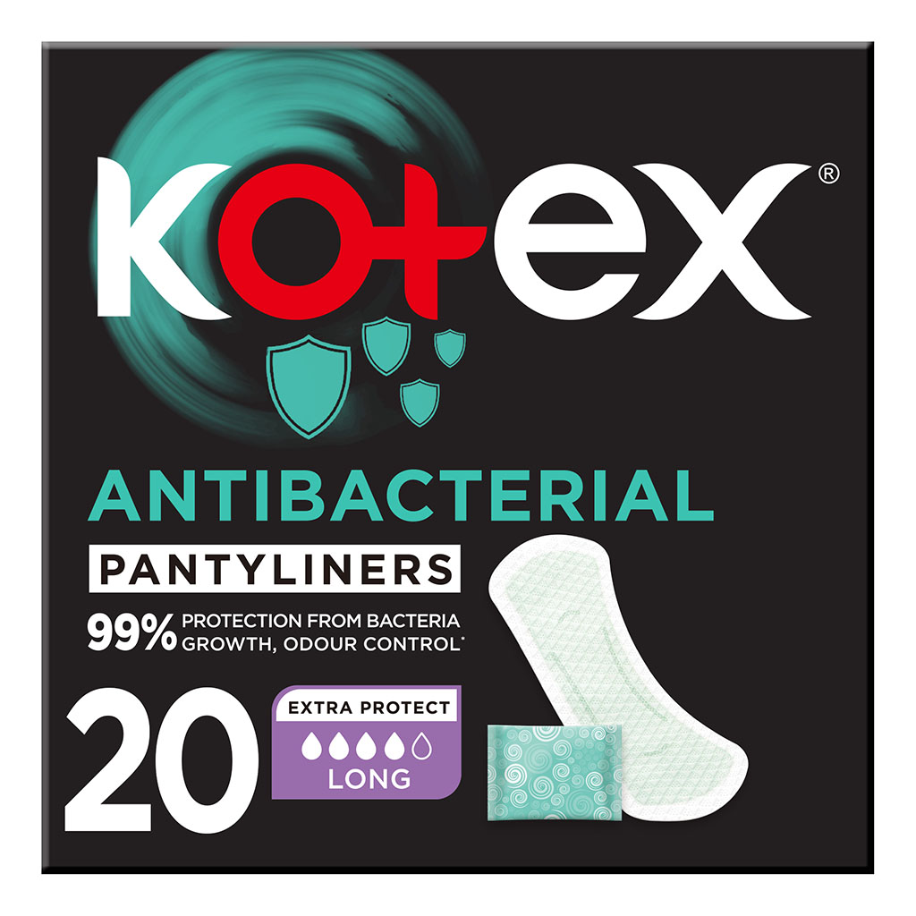 Kotex Antibacterial Daily Panty Liners For 99% Protection from Bacteria, Scented, Long Size, Pack of 20's