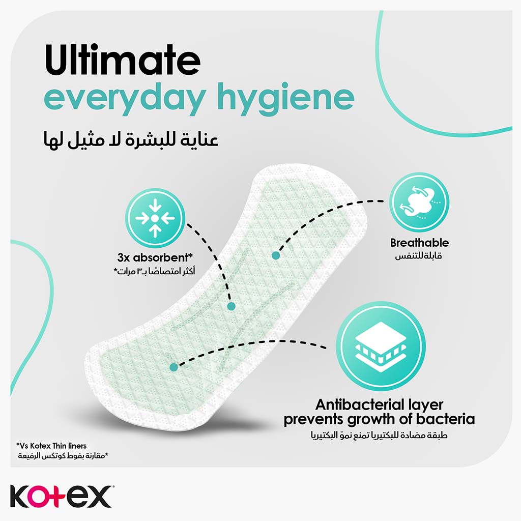 Kotex Antibacterial Daily Panty Liners For 99% Protection from Bacteria, Scented, Long Size, Pack of 20's