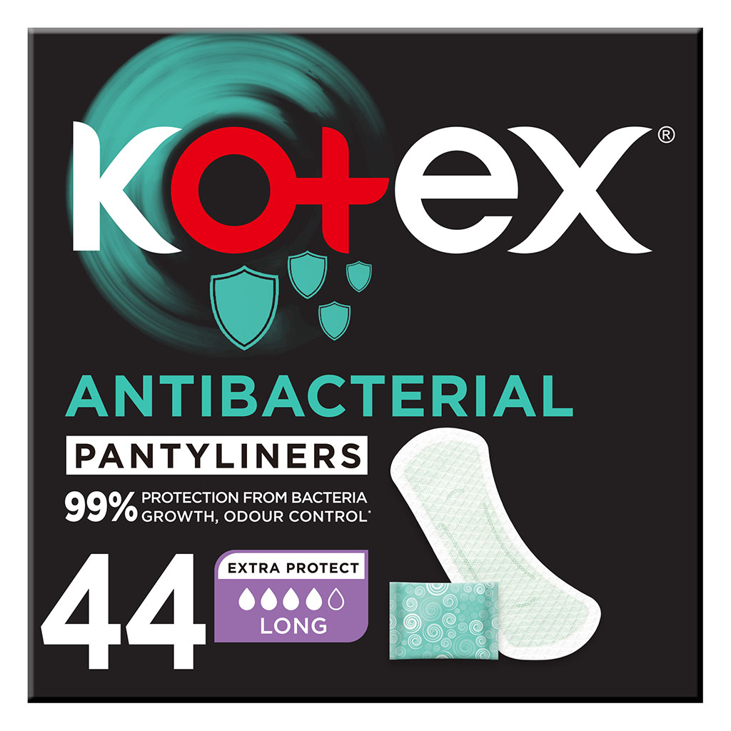 Kotex Antibacterial Daily Panty Liners For 99% Protection from Bacteria, Long Size, Pack of 44's
