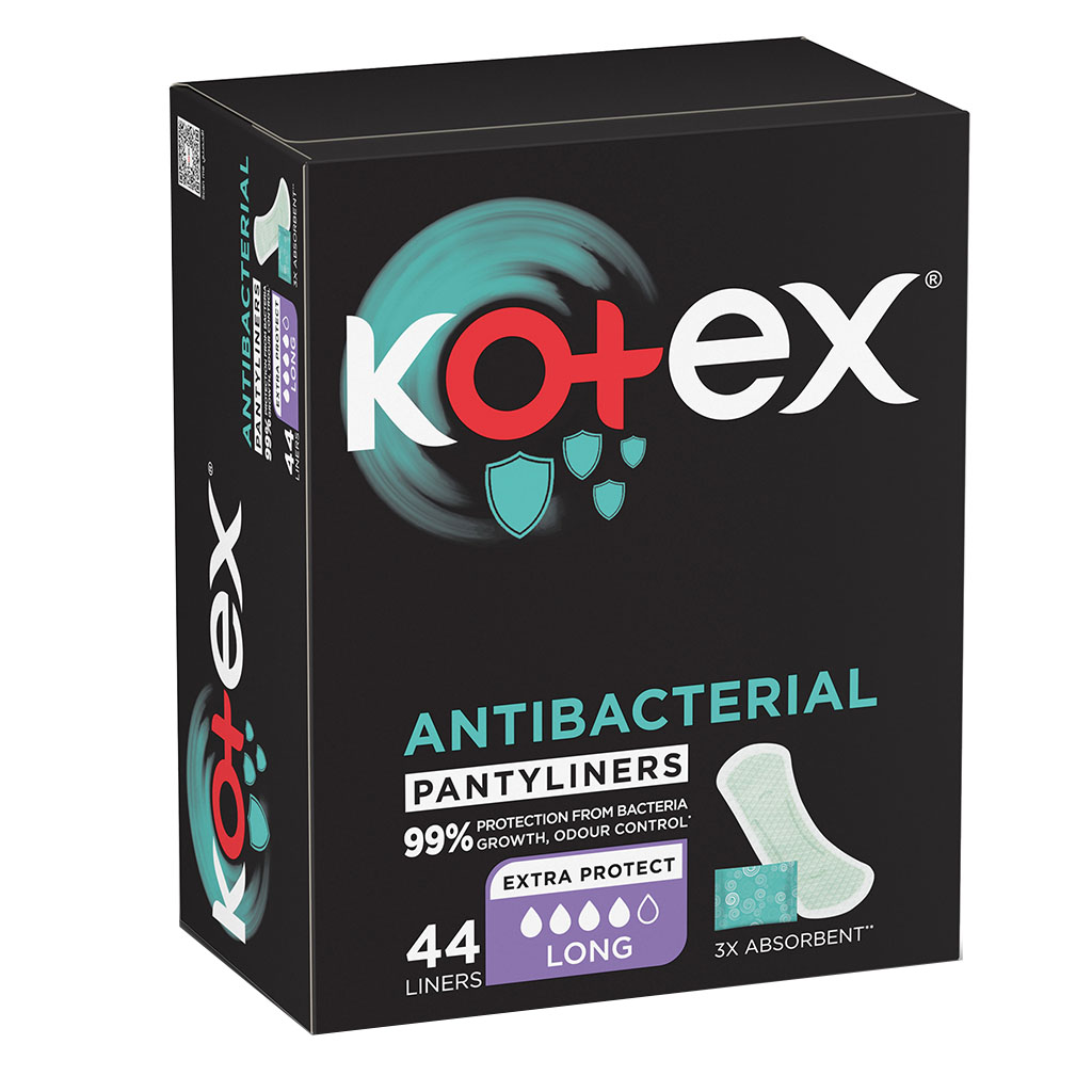 Kotex Antibacterial Daily Panty Liners For 99% Protection from Bacteria, Long Size, Pack of 44's