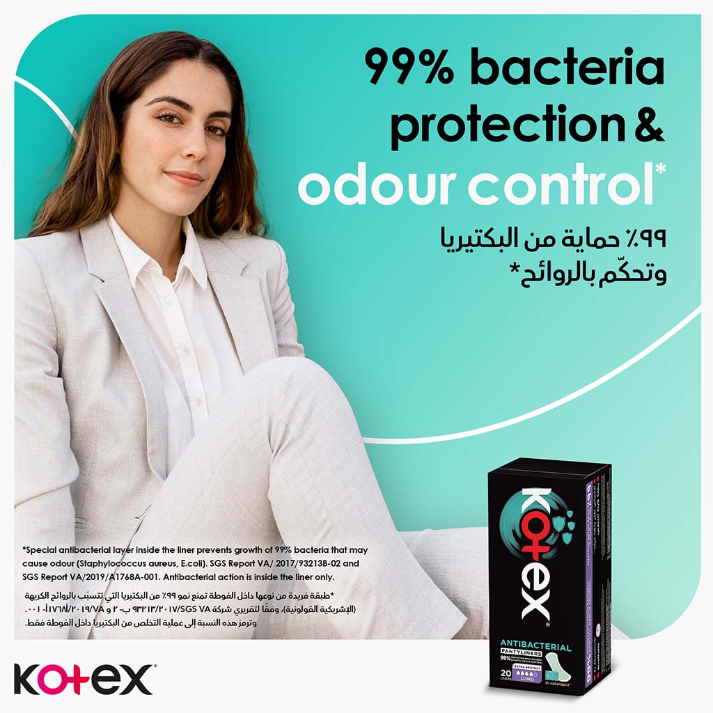 Kotex Antibacterial Daily Panty Liners For 99% Protection from Bacteria, Long Size, Pack of 44's