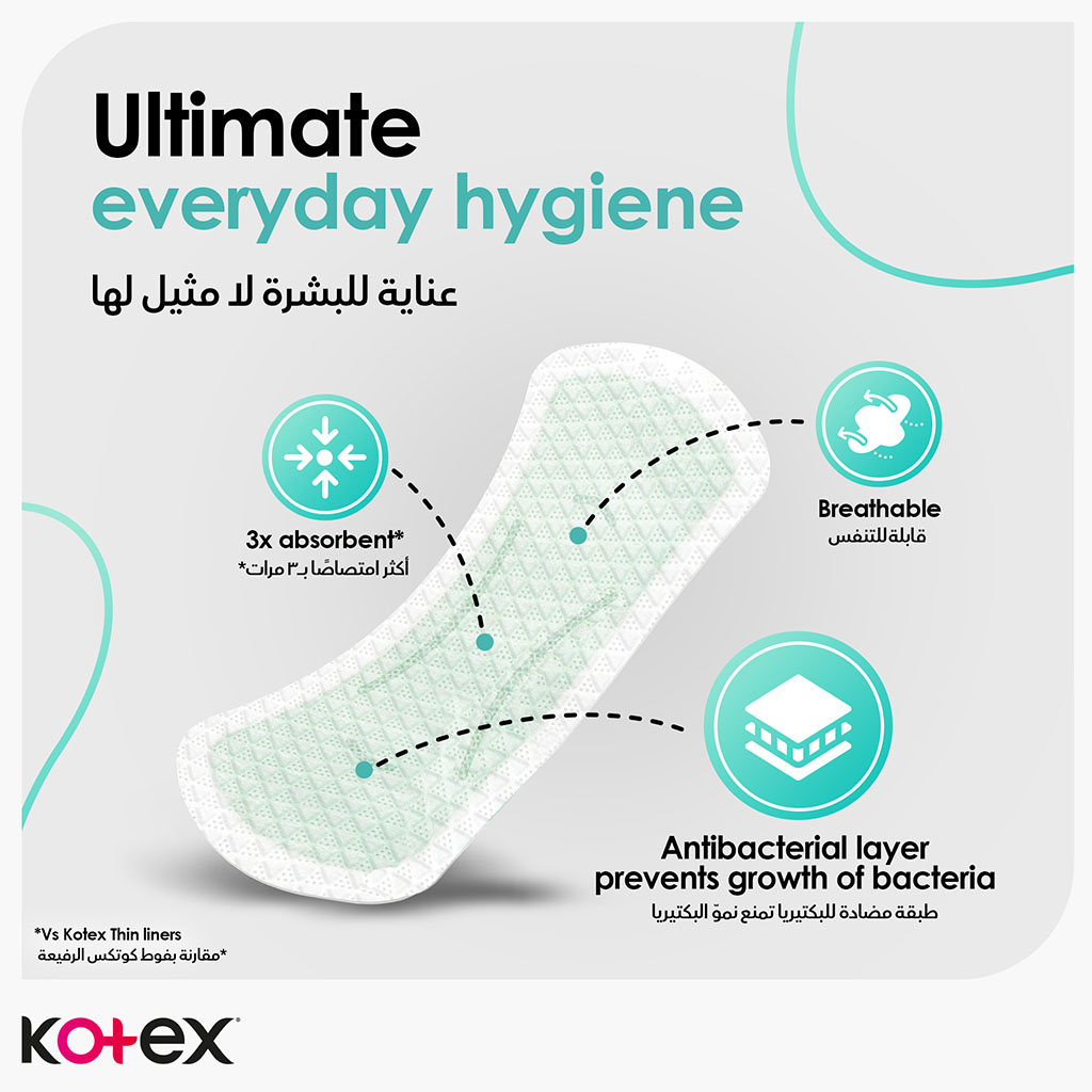 Kotex Antibacterial Daily Panty Liners For 99% Protection from Bacteria, Long Size, Pack of 44's