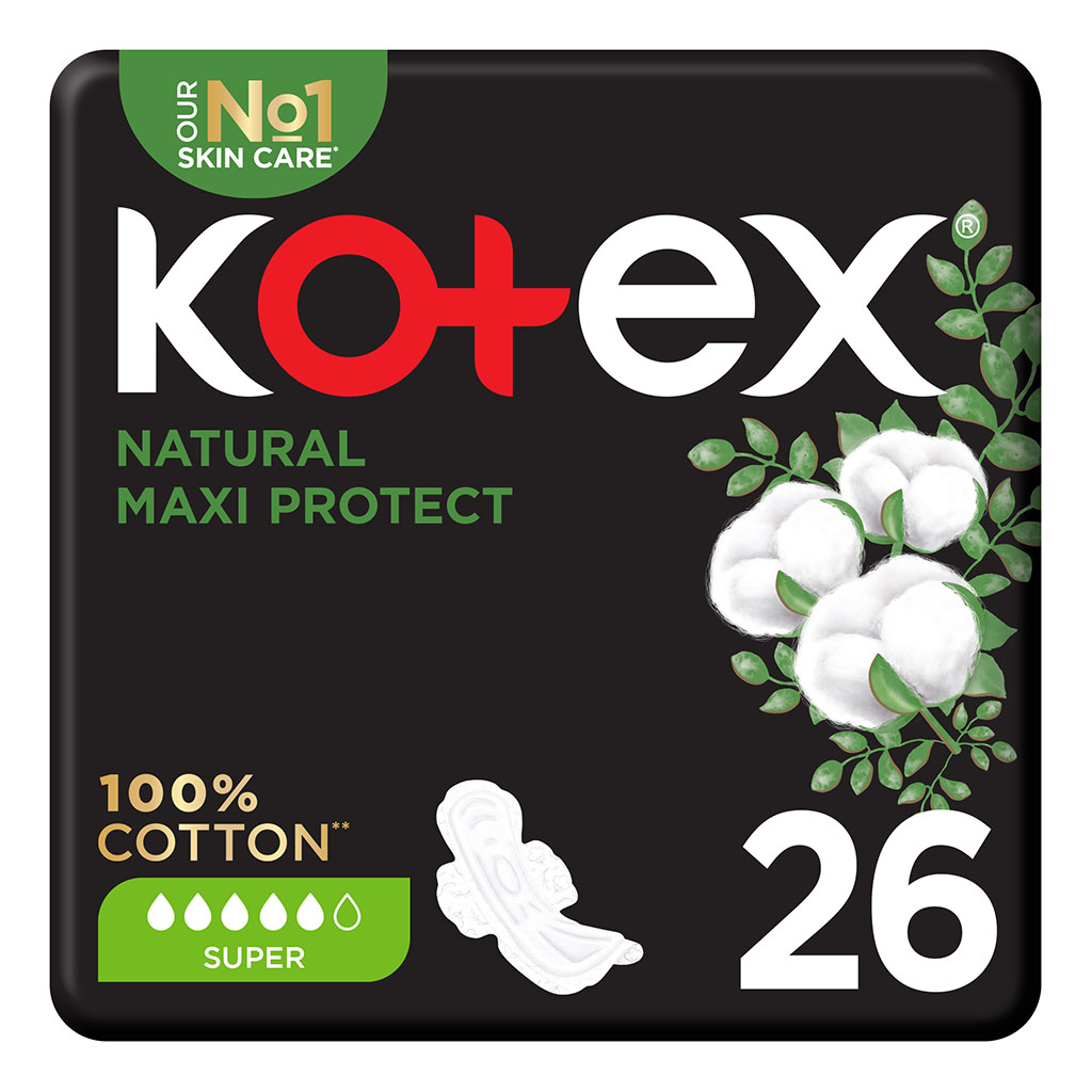 Kotex Natural Maxi Protect Thick 100% Cotton Pad With Wings, Super Size, Pack of 26's