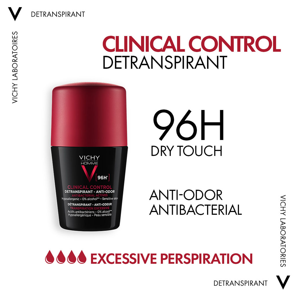 Vichy 96 Hour Clinical Control Dry Touch Anti-Odour Deodorant Roll-On For Men 50ml