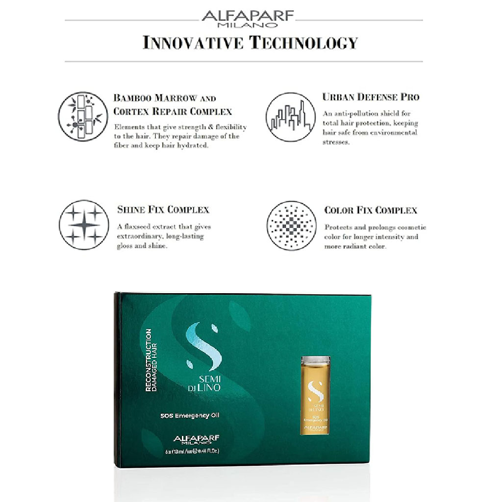 Alfaparf Milano Semi Di Lino SOS Emergency Hair Oil Professional Reconstruction Treatment For Damaged Hair, Pack of 6 x 13ml Vials
